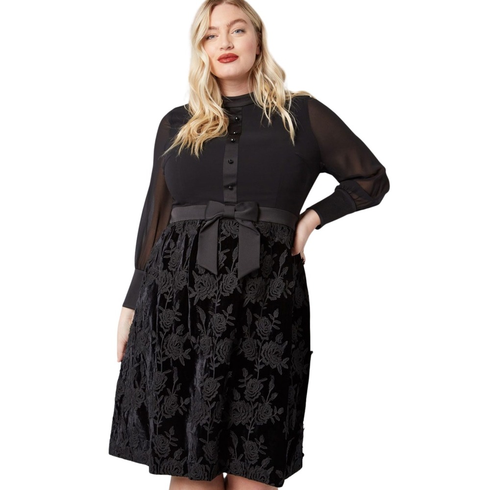 ModCloth Anna Sui Dress Plus 24 Black Velvet Burnout Floral Lace Bow Long Sleeve